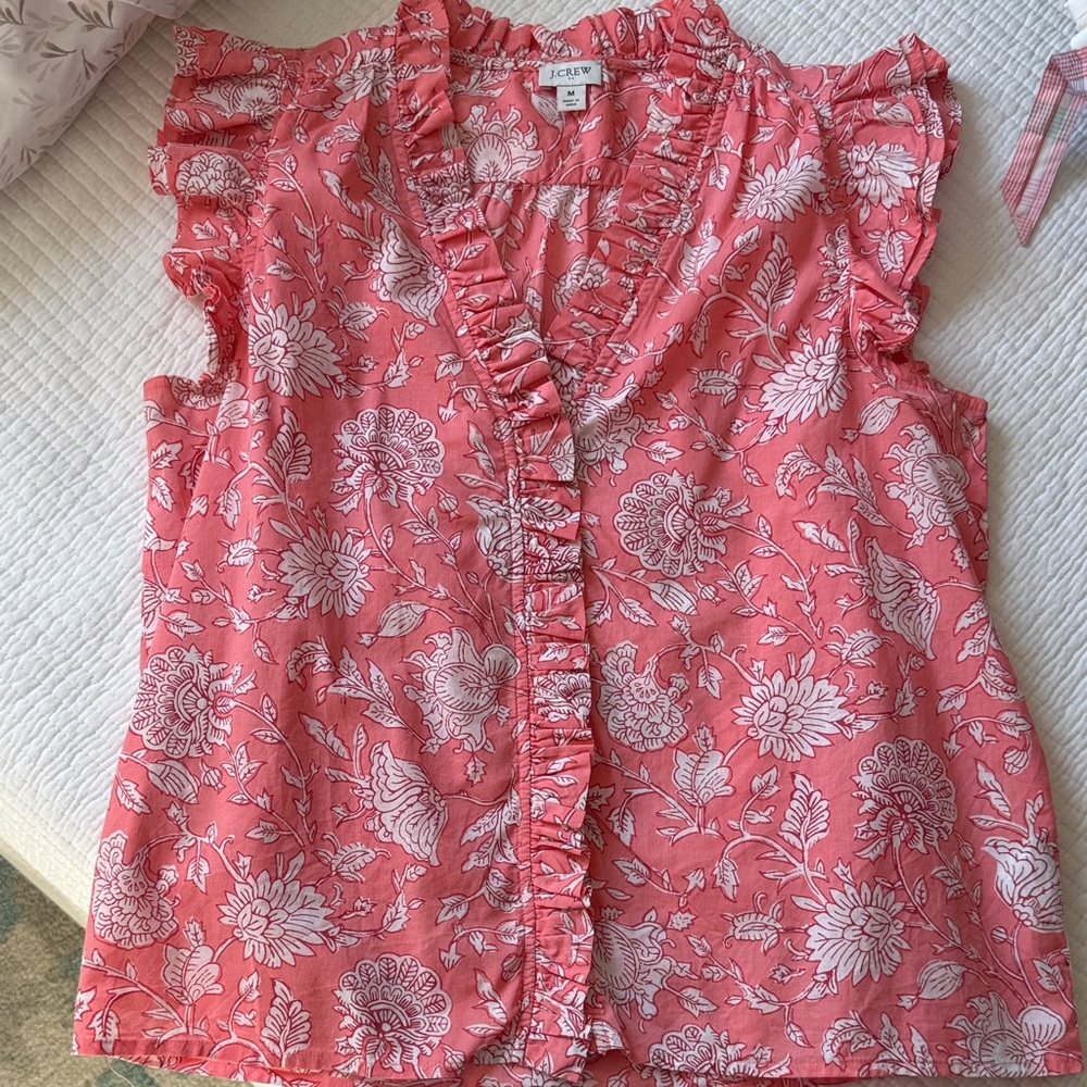 J. Crew Coral Pink Floral Ruffle-Trim Blouse